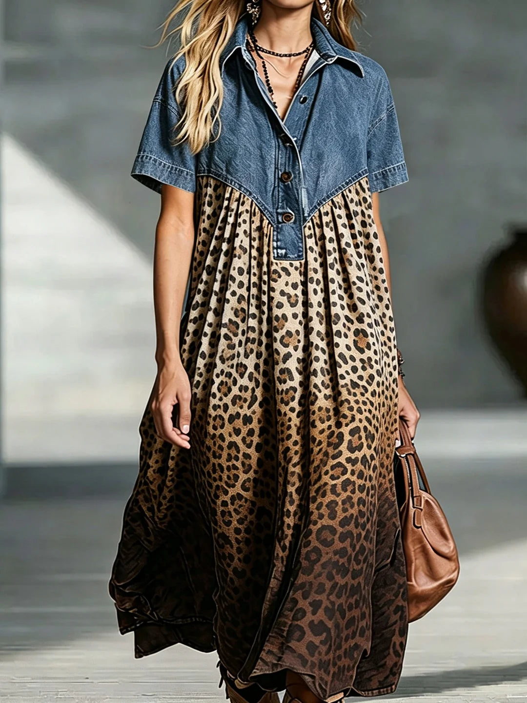Libby - Vestido de Denim Abotonado Medio Leopardo