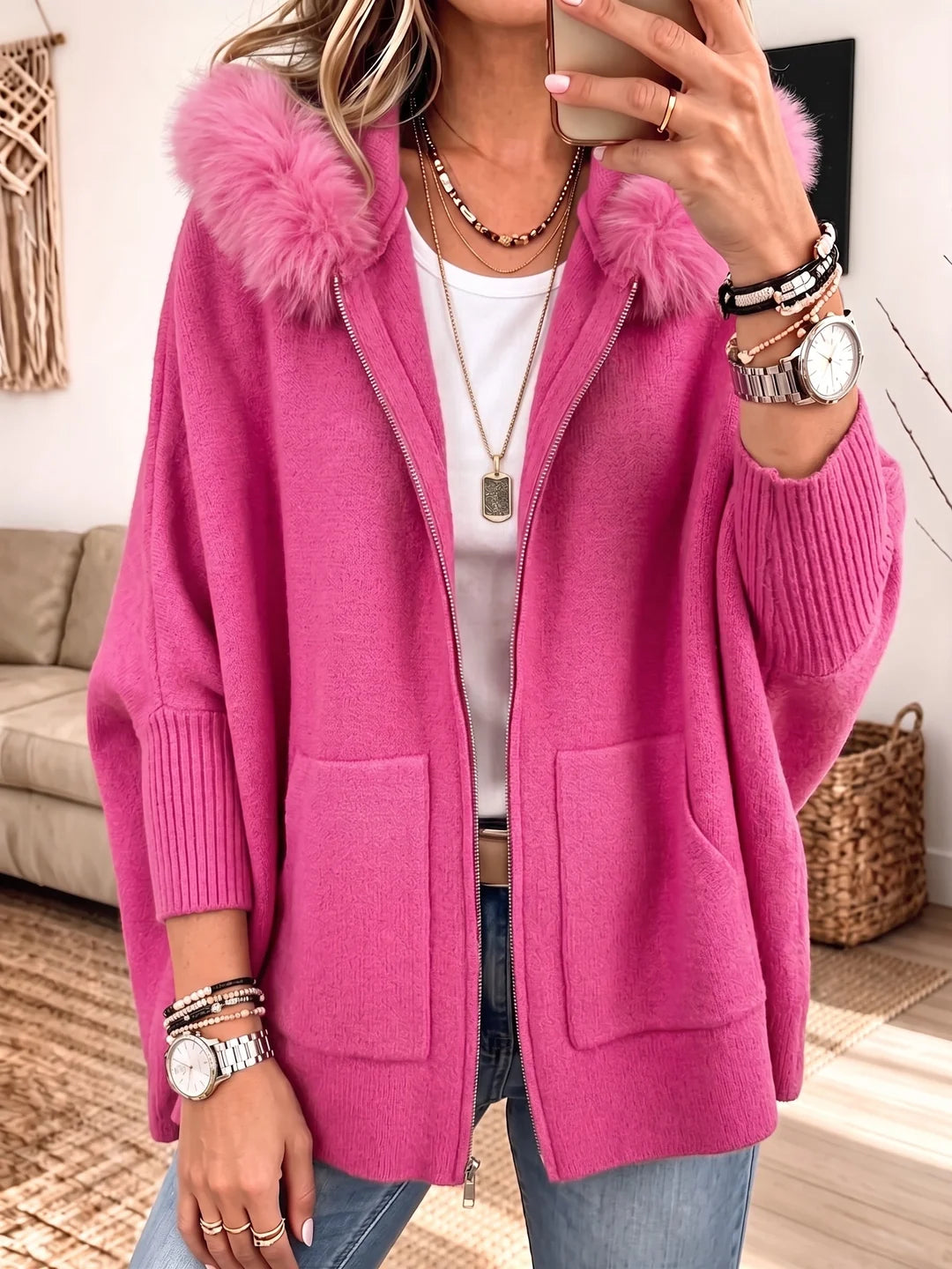 Terrie - Chaqueta de Punto Grueso con Capucha de Piel