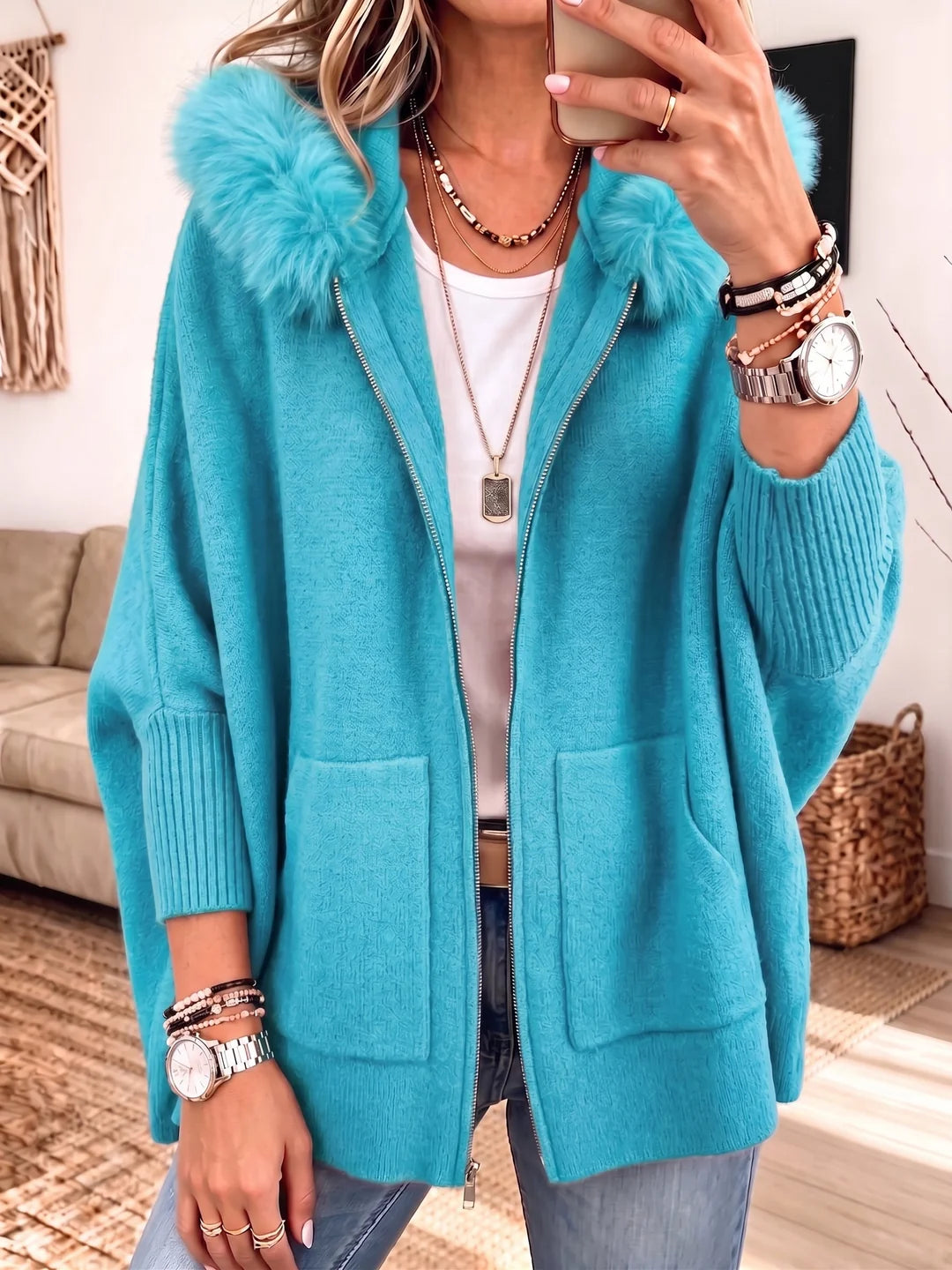 Terrie - Chaqueta de Punto Grueso con Capucha de Piel
