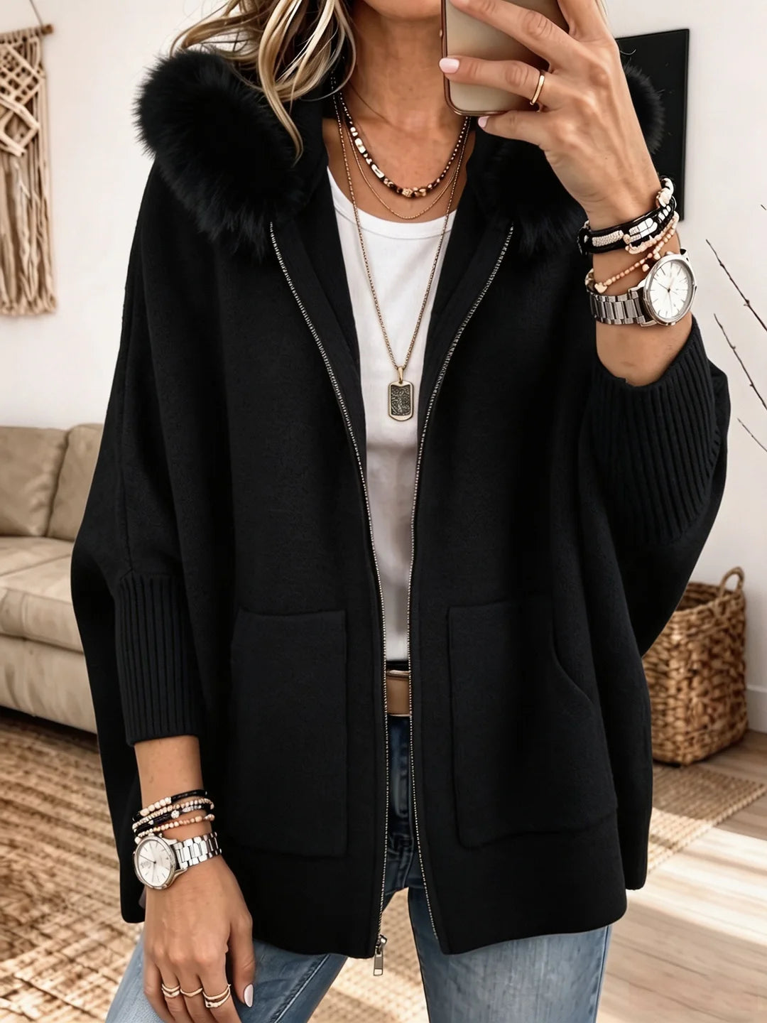 Terrie - Chaqueta de Punto Grueso con Capucha de Piel