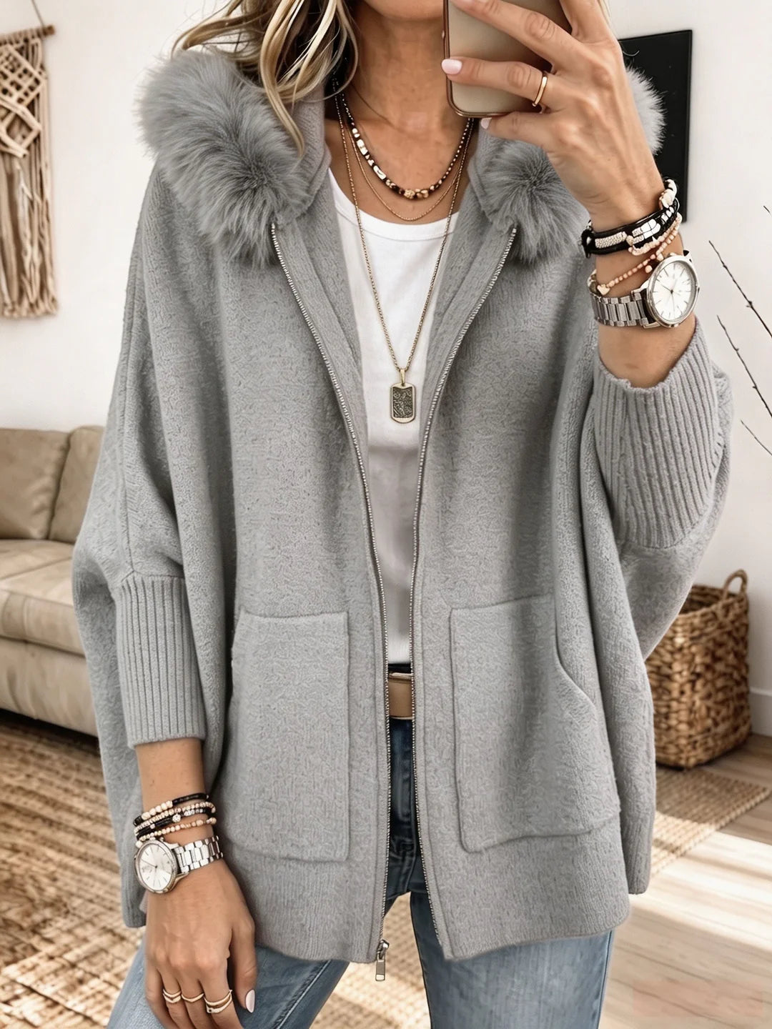 Terrie - Chaqueta de Punto Grueso con Capucha de Piel
