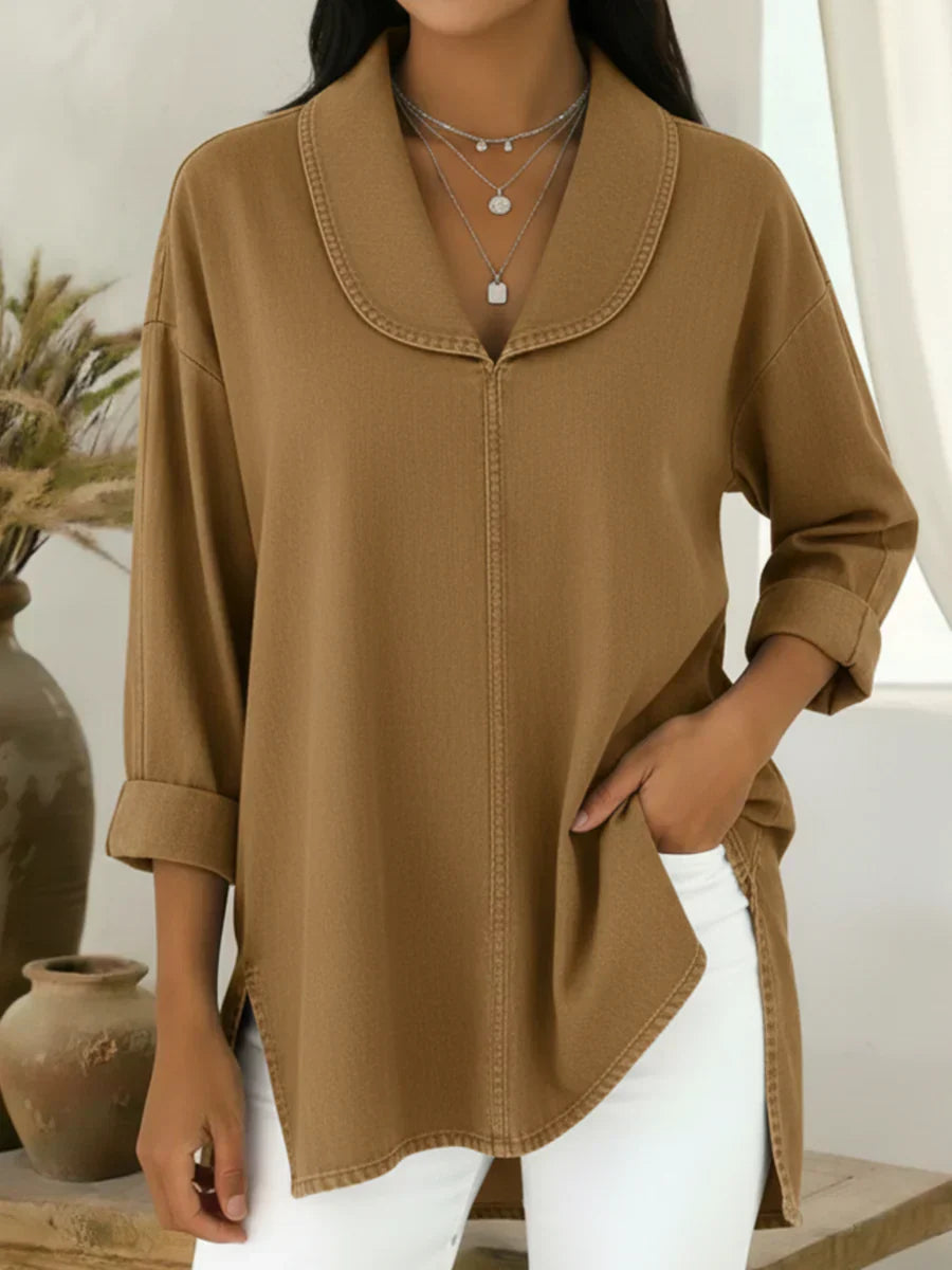 Viviane - Longue Blouse en Denim Col Châle