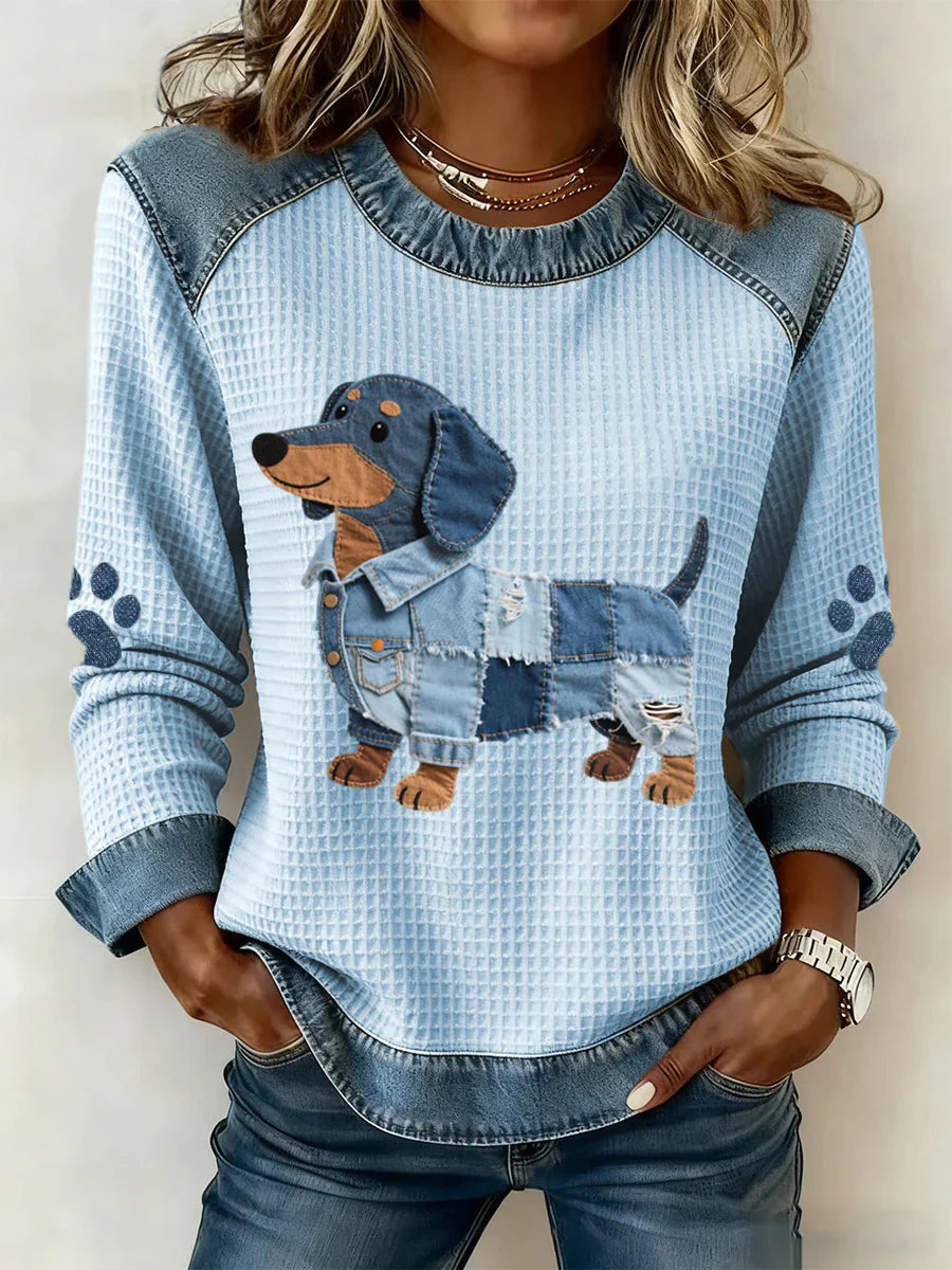Myla - Pull Coton Teckel en Patchwork Détails en Denim