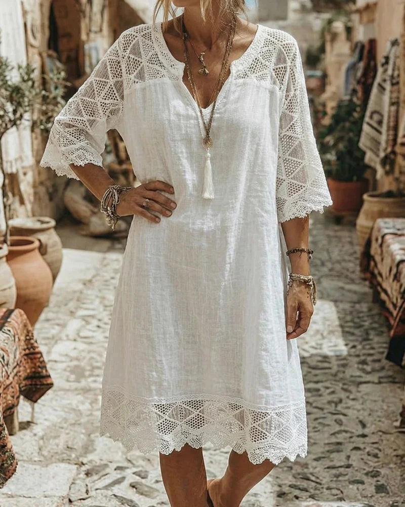 Valeriane - Vestido Recto Boho de Lino (collar de regalo)