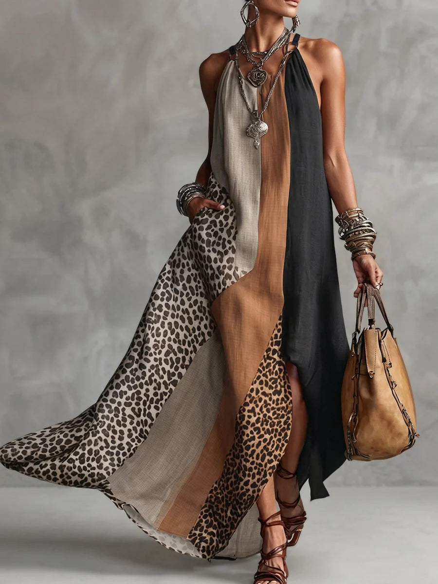 Tyana - Vestido Maxi Fluido de Patchwork Leopardo