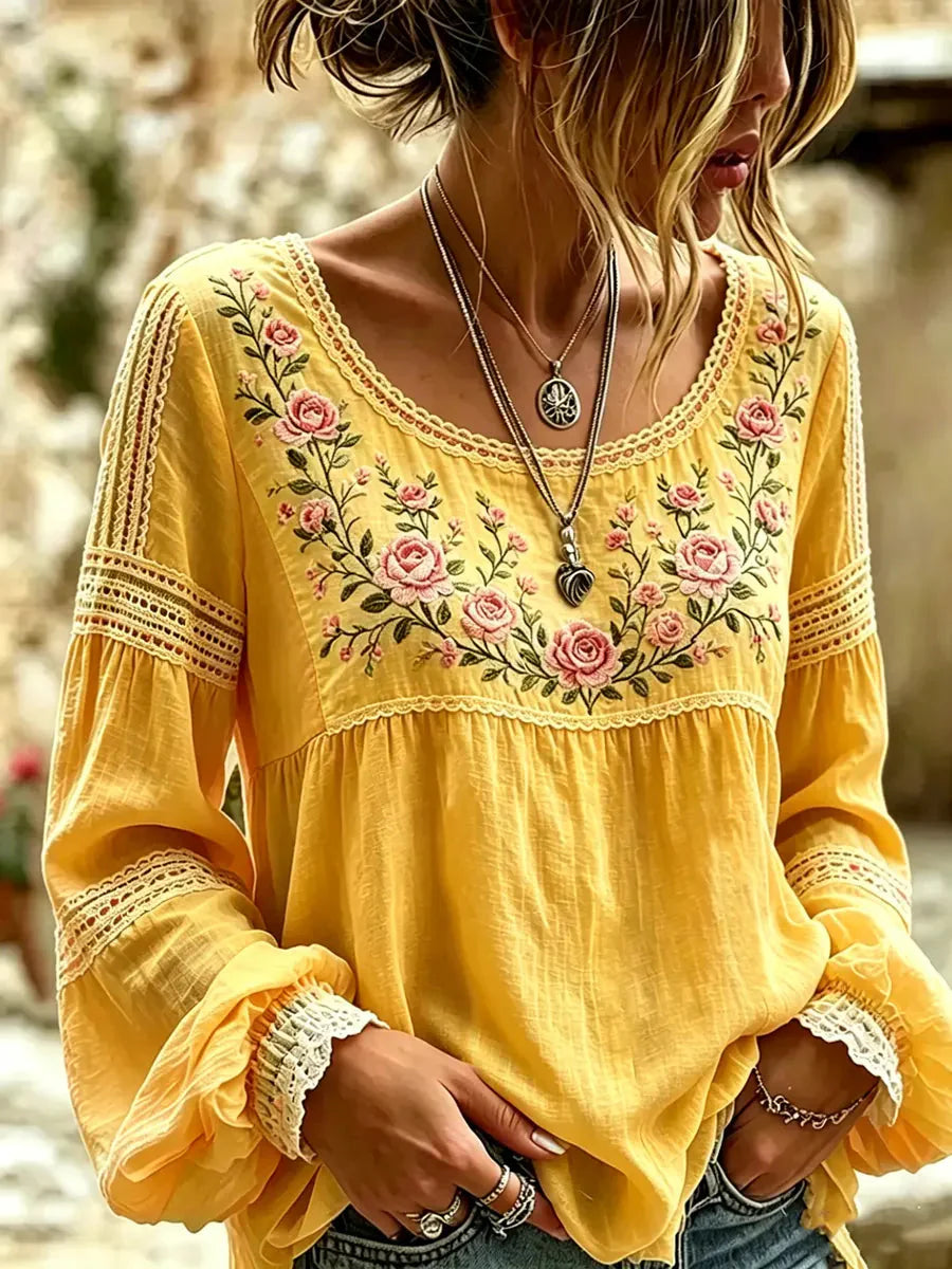 Isra - Blusa De Lino Estilo Bohemio Bordada Con Flores