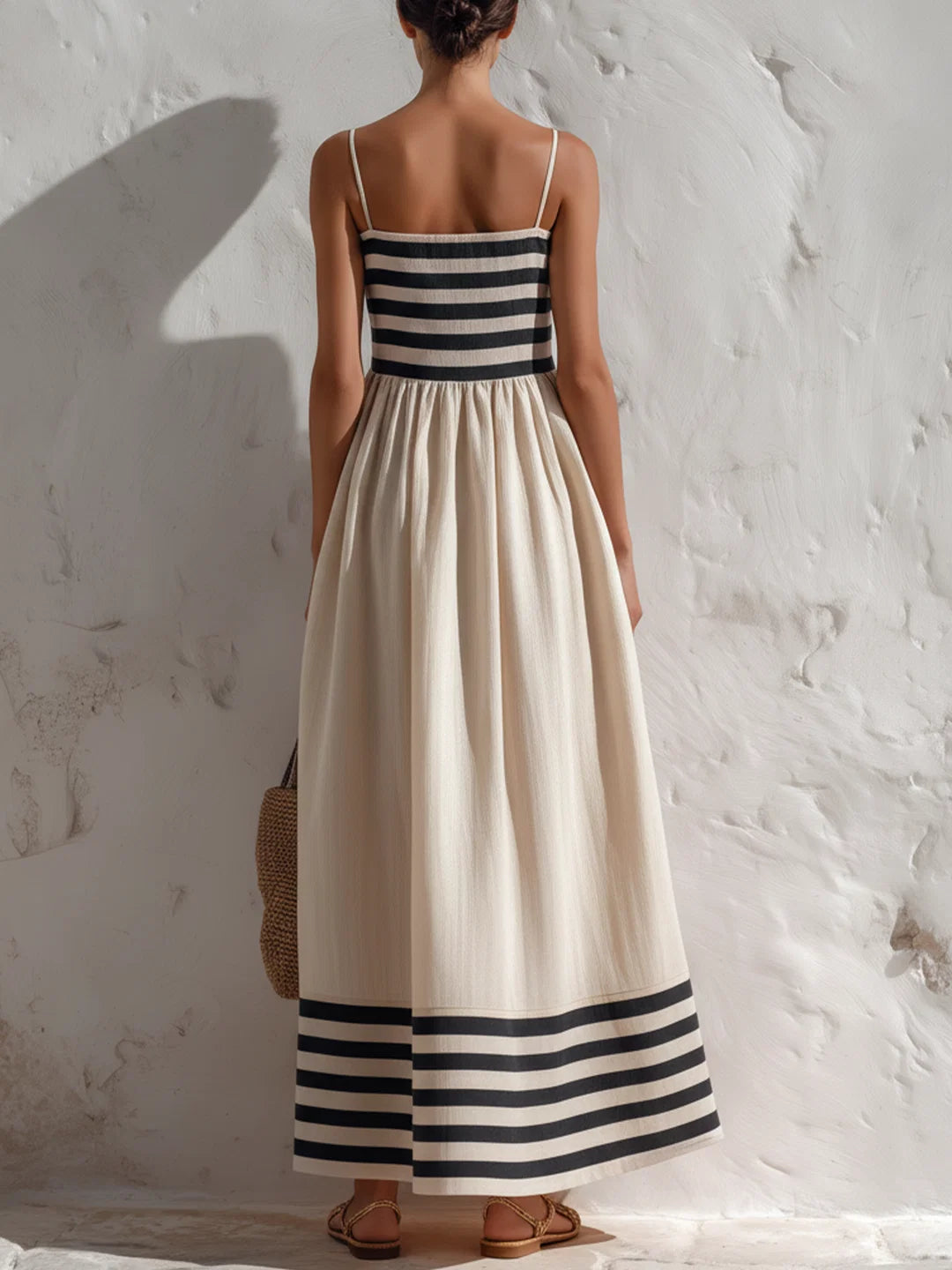 Maud - Vestido Largo Acampanado de Lino Crudo a Rayas con Tirantes