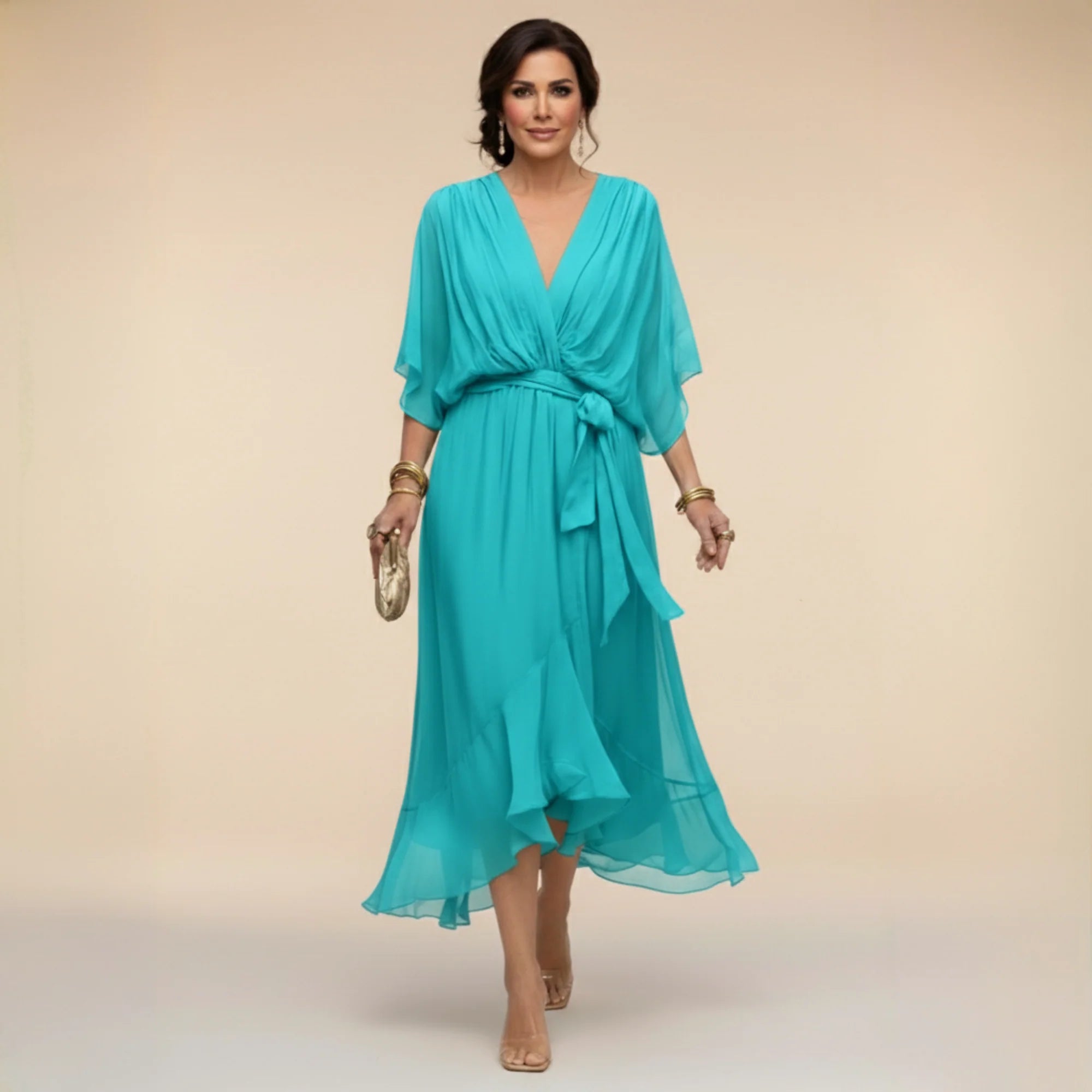 Fabienne - Vestido de Noche Fluido Ajustado de Chifón