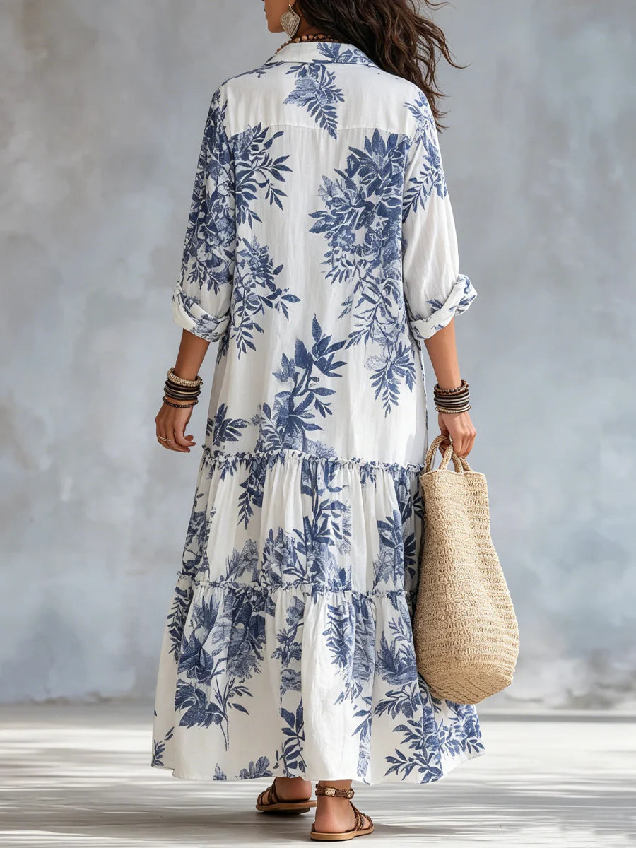 Herina - Vestido Camisero de Algodón y Lino con Hojas y Volantes