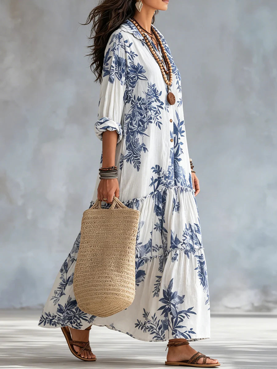 Herina - Vestido Camisero de Algodón y Lino con Hojas y Volantes