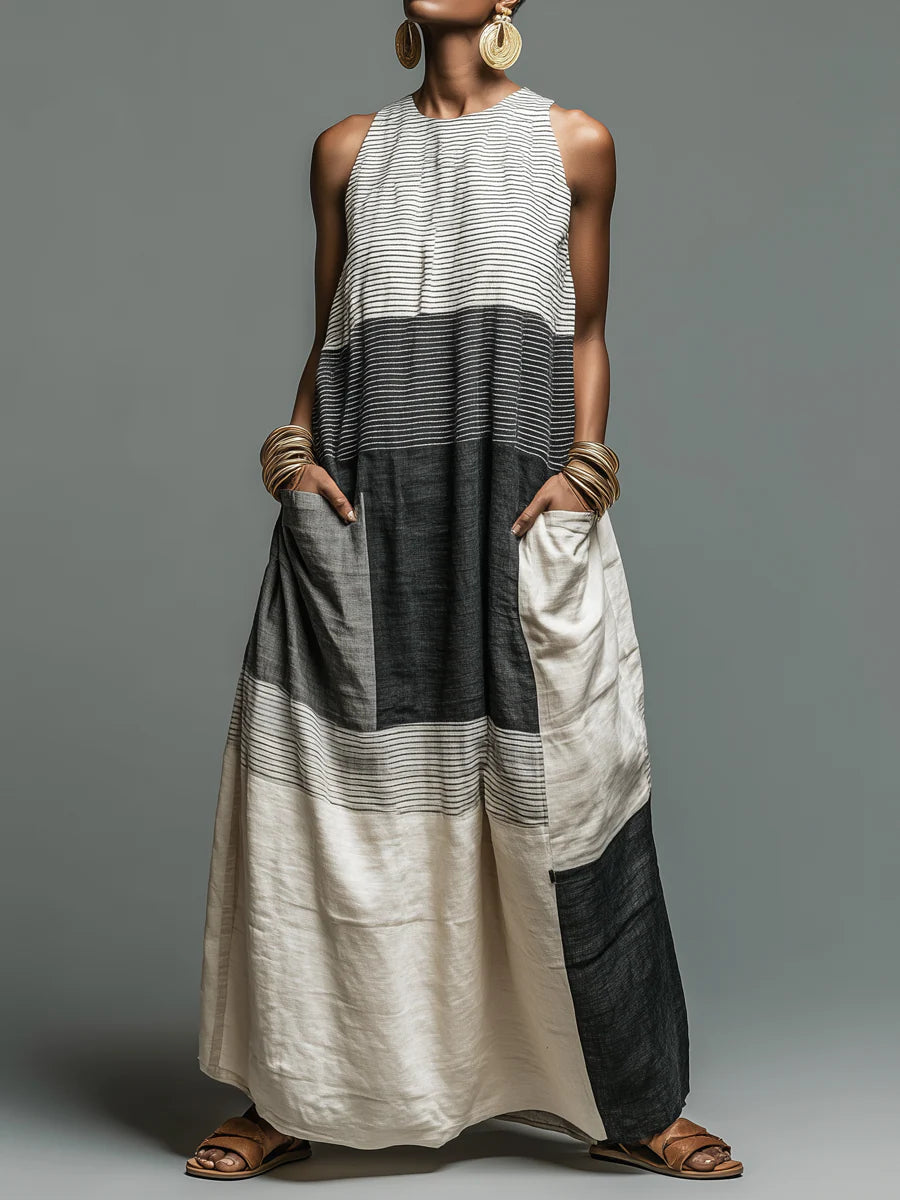 Beryl - Vestido Maxi de Patchwork a Rayas de Algodón