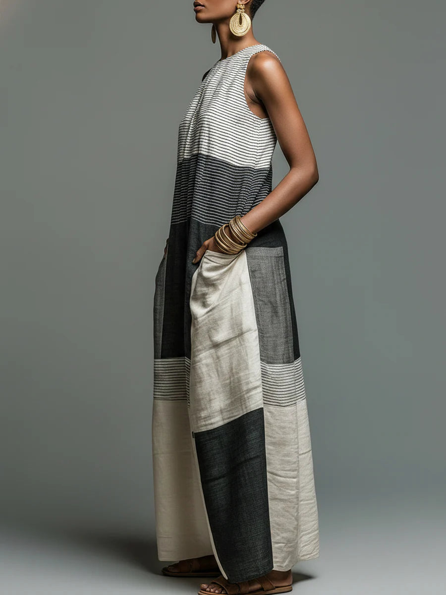 Beryl - Vestido Maxi de Patchwork a Rayas de Algodón