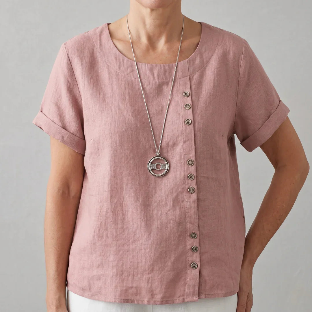 Gayané - Blusa de Lino con Detalles de Botones (Collar de Regalo)