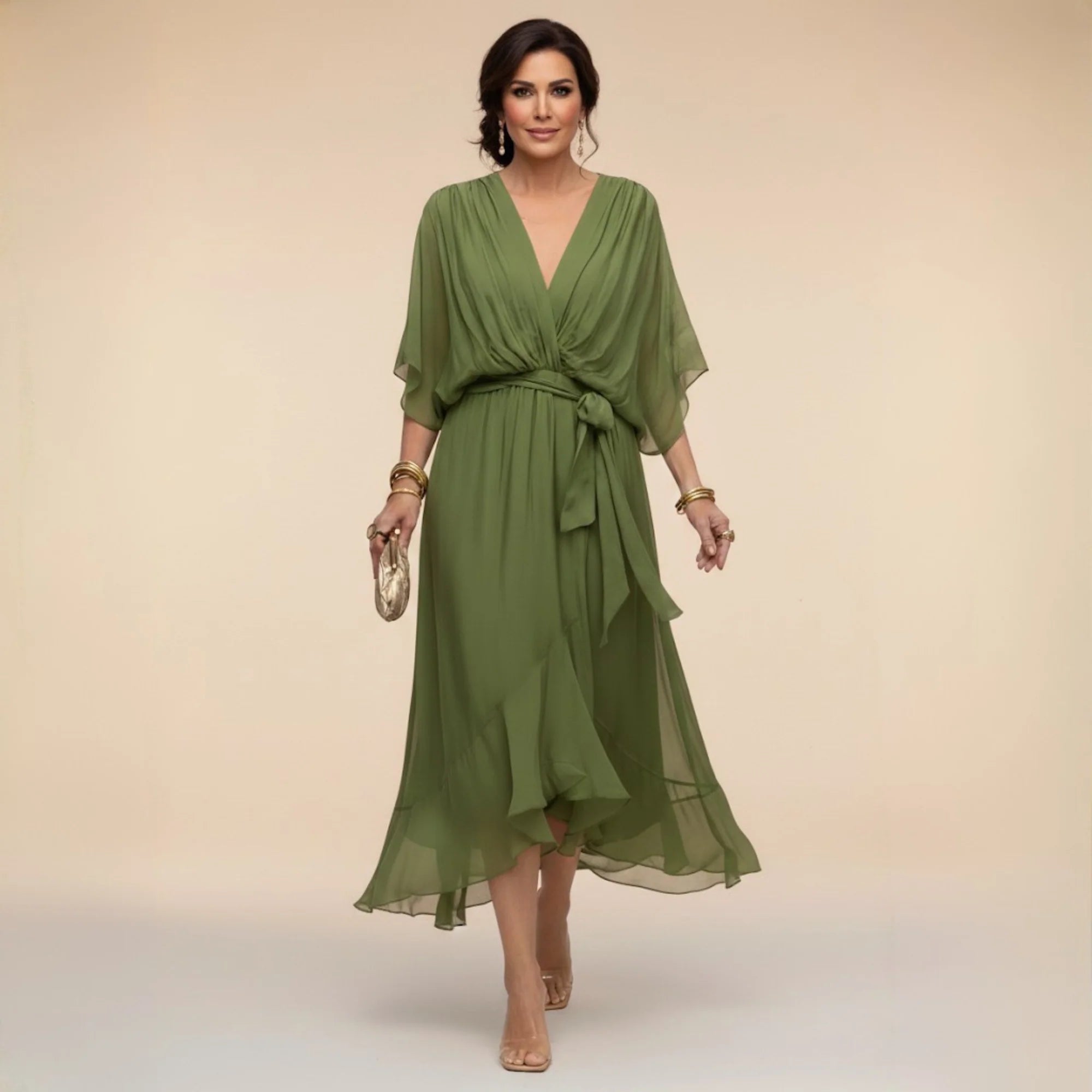Fabienne - Vestido de Noche Fluido Ajustado de Chifón