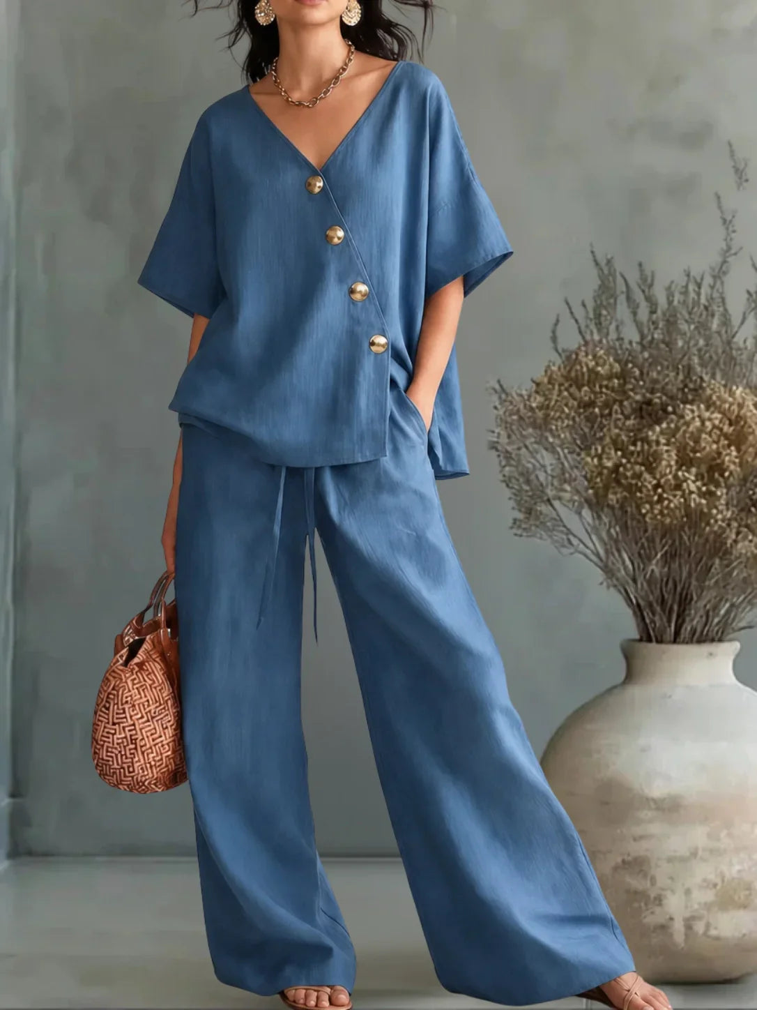Gislaine - Conjunto Blusa y Pantalón Amplio de Lino y Algodón