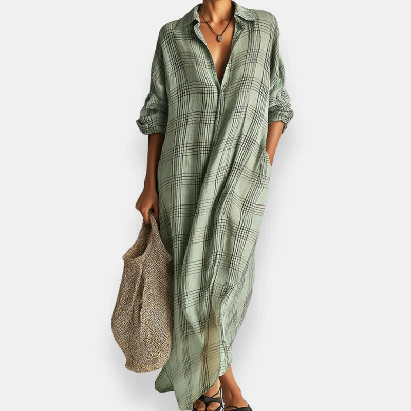 Naima - Vestido Maxi Camisero Oversize de Cuadros