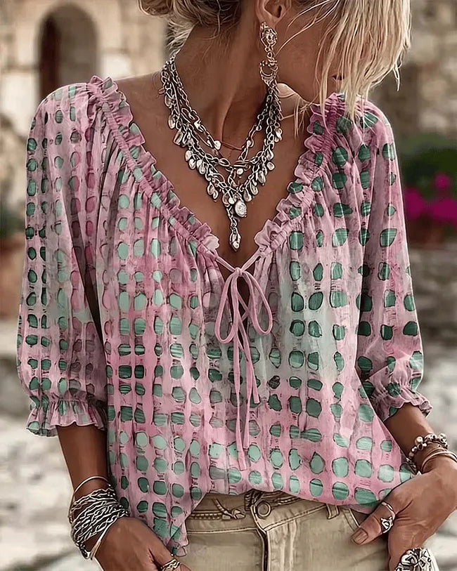 Olaya - Blusa de Lunares Irregulares con Cuello de Lazo