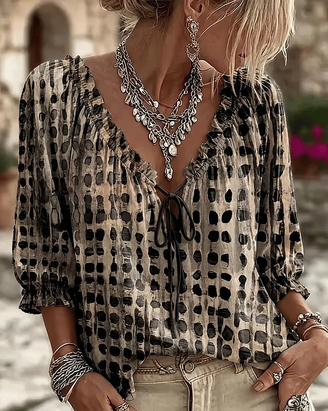 Olaya - Blusa de Lunares Irregulares con Cuello de Lazo