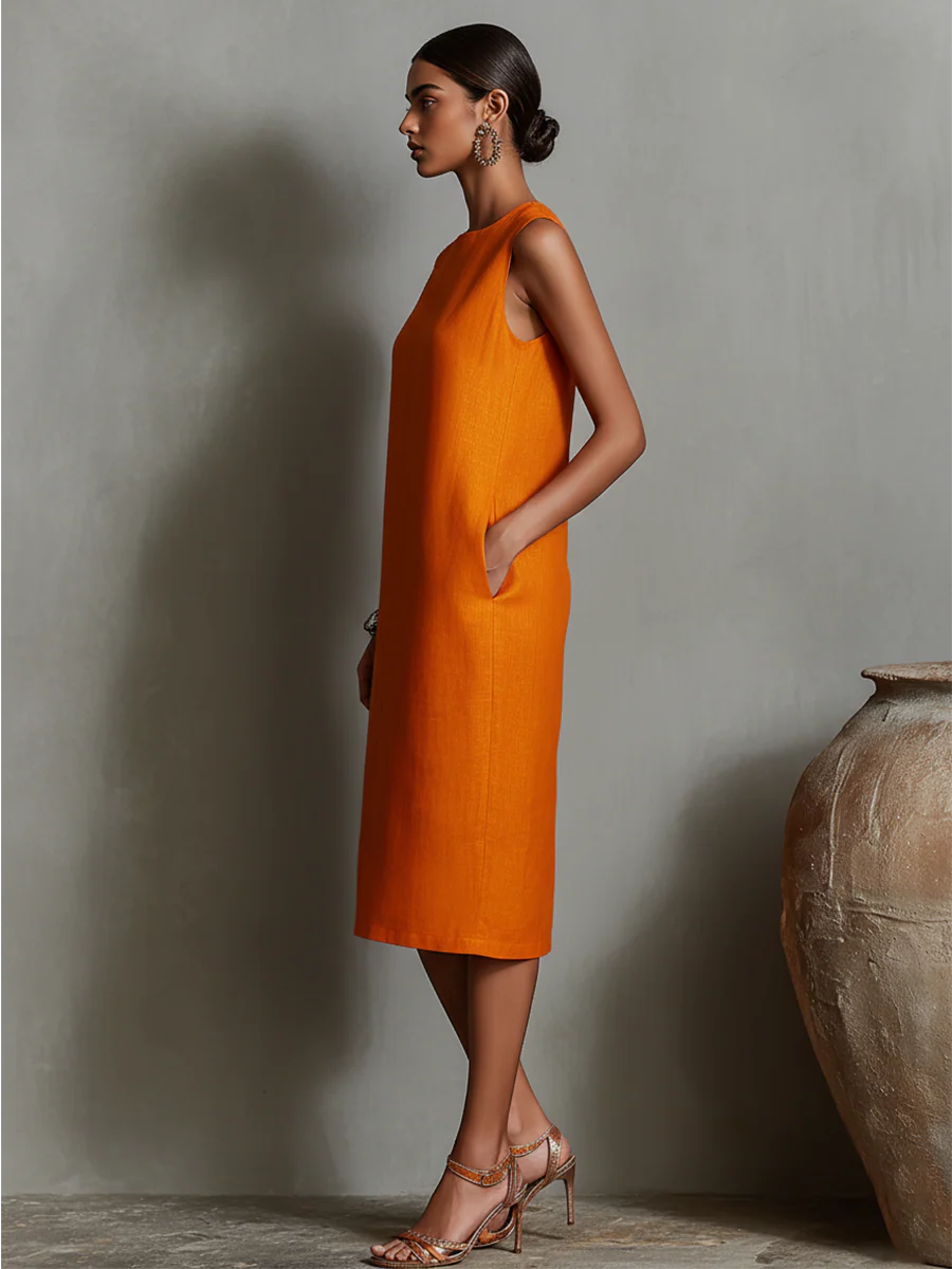 Zaira - Vestido Midi Elegante de Corte Recto con Bolsillos