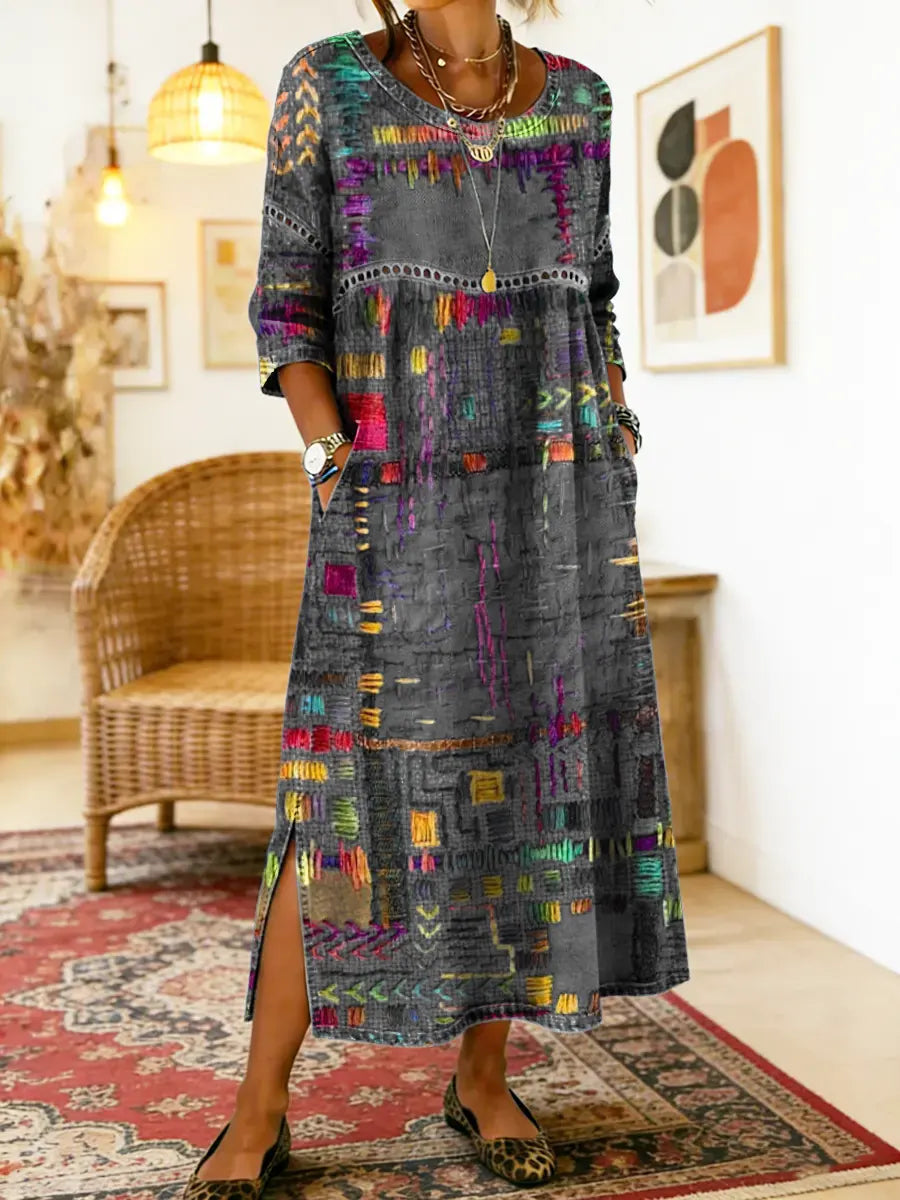 Himaya - Vestido de Denim con Estampado Étnico de Colores