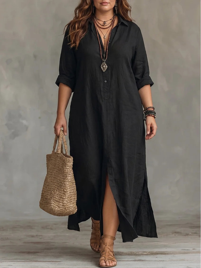 Whitney - Vestido Maxi Camisero con Abertura y Collar