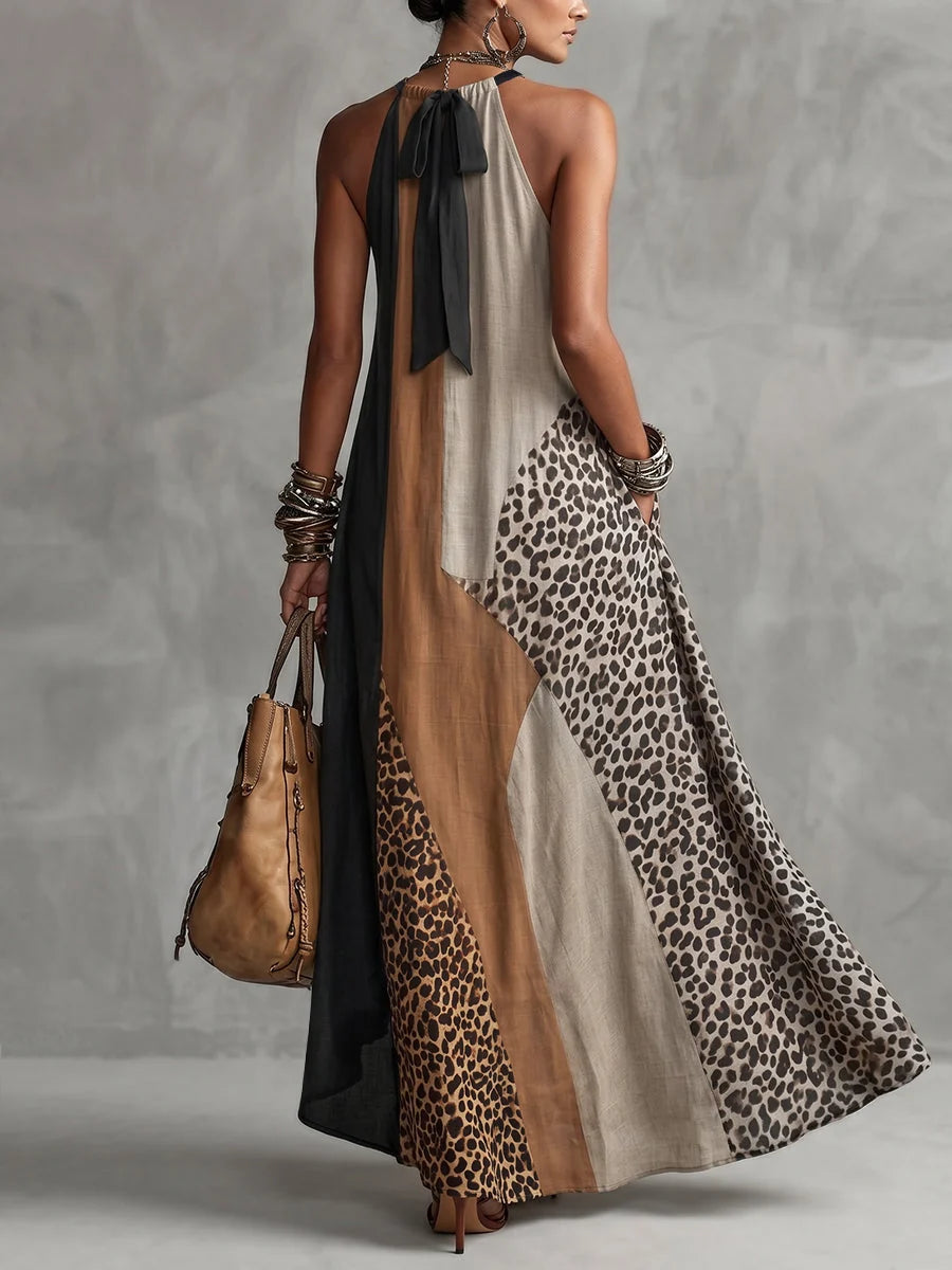 Tyana - Vestido Maxi Fluido de Patchwork Leopardo