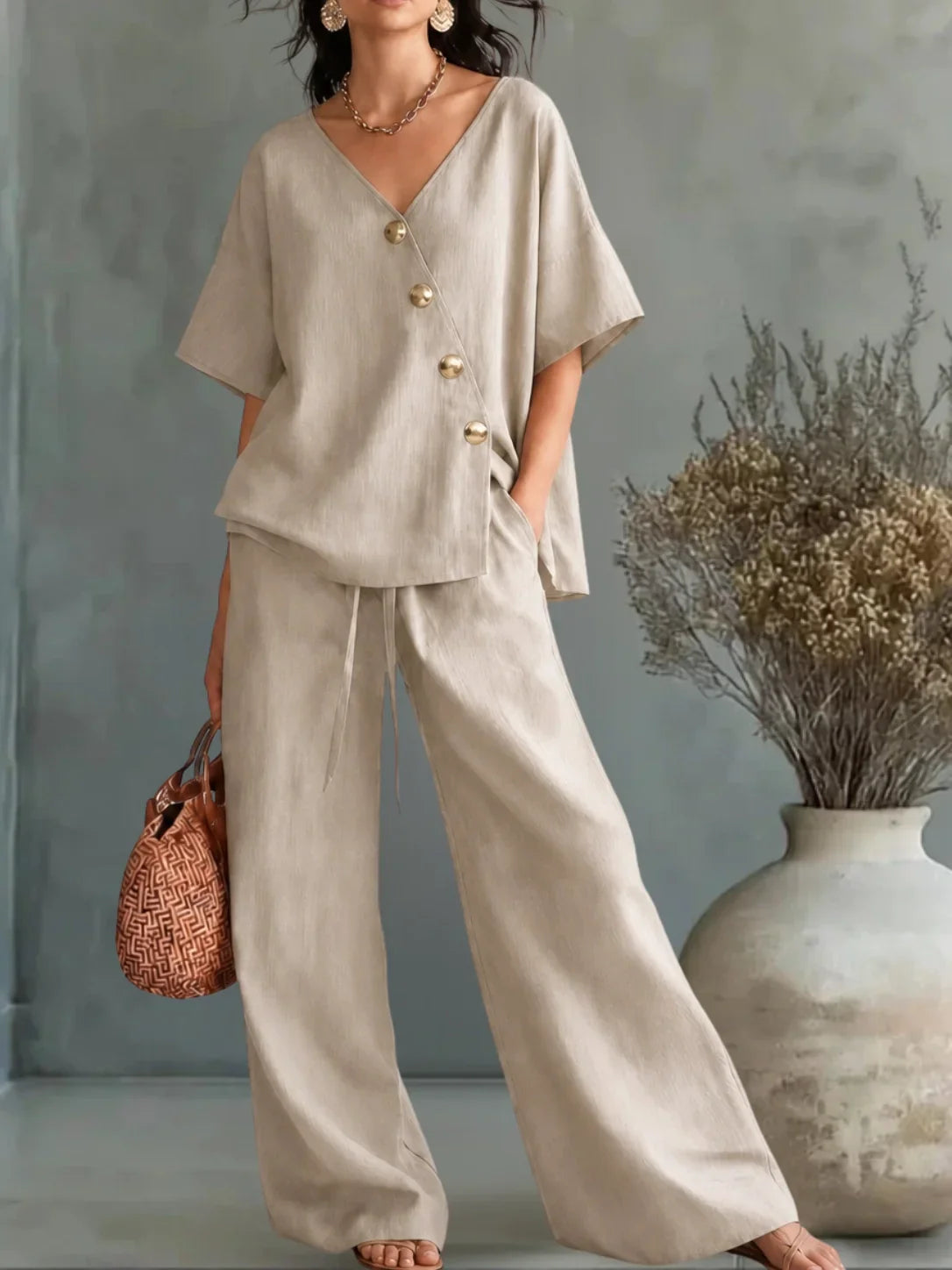 Gislaine - Conjunto Blusa y Pantalón Amplio de Lino y Algodón