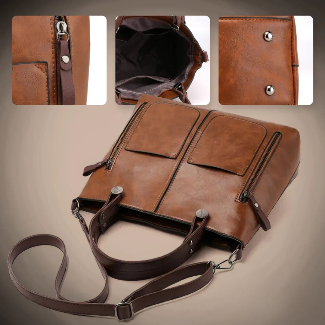 Fanie - Tote de Cuero Vintage con Bolsillos Laterales