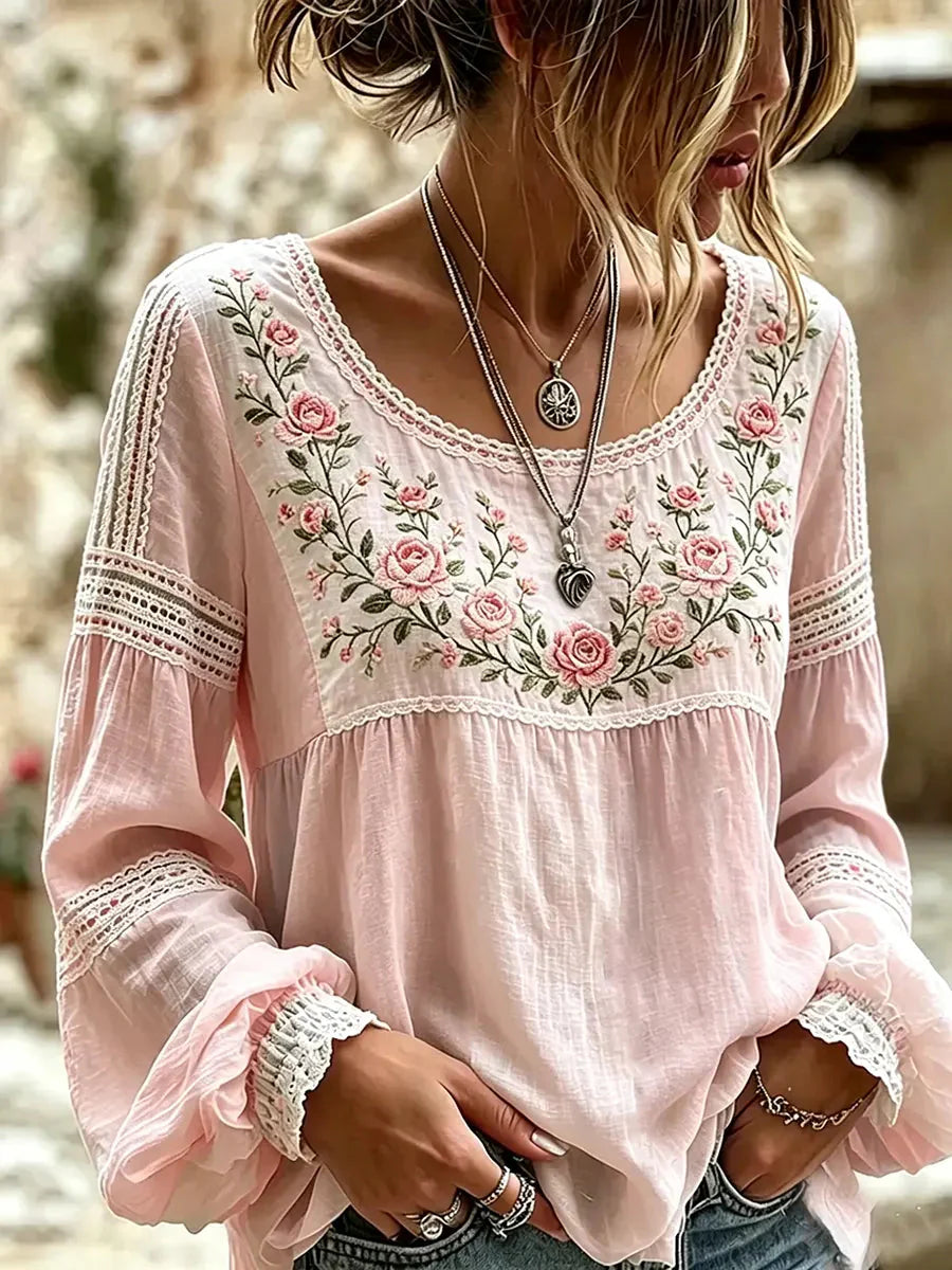 Isra - Blusa De Lino Estilo Bohemio Bordada Con Flores