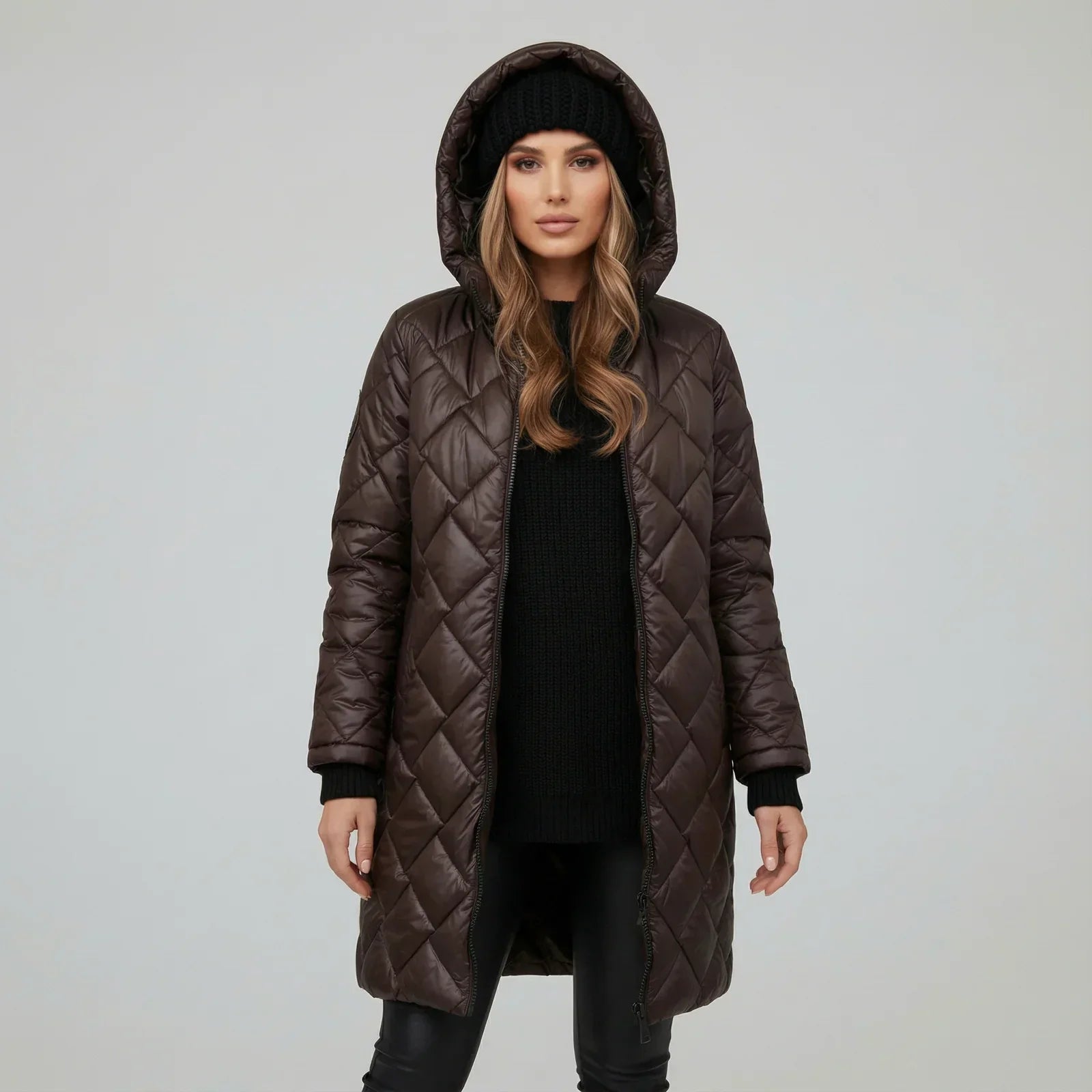 Natalia - Long Manteau Matelassé Luxueux à Capuche