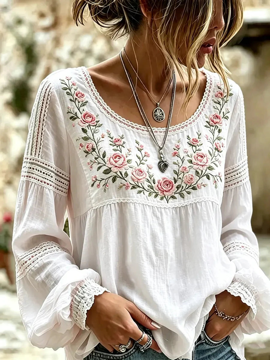 Isra - Blusa De Lino Estilo Bohemio Bordada Con Flores