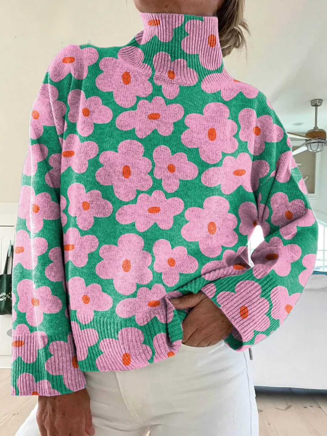 Ioana - Pull Coloré Col Montant Motif Fleuri