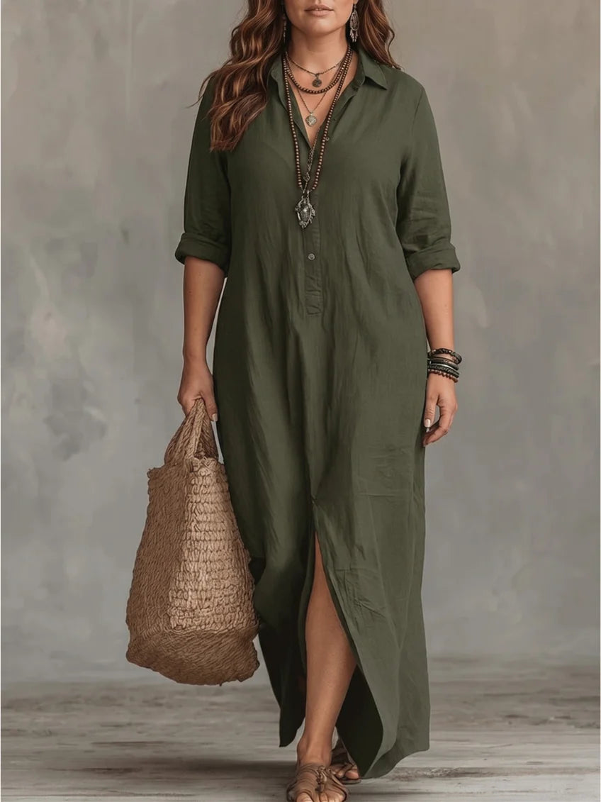 Whitney - Vestido Maxi Camisero con Abertura y Collar