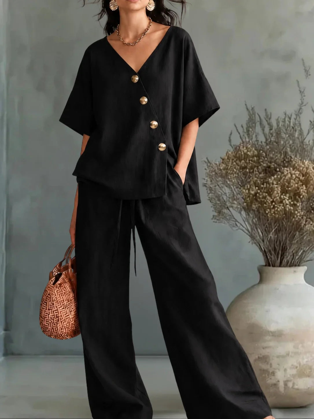 Gislaine - Conjunto Blusa y Pantalón Amplio de Lino y Algodón