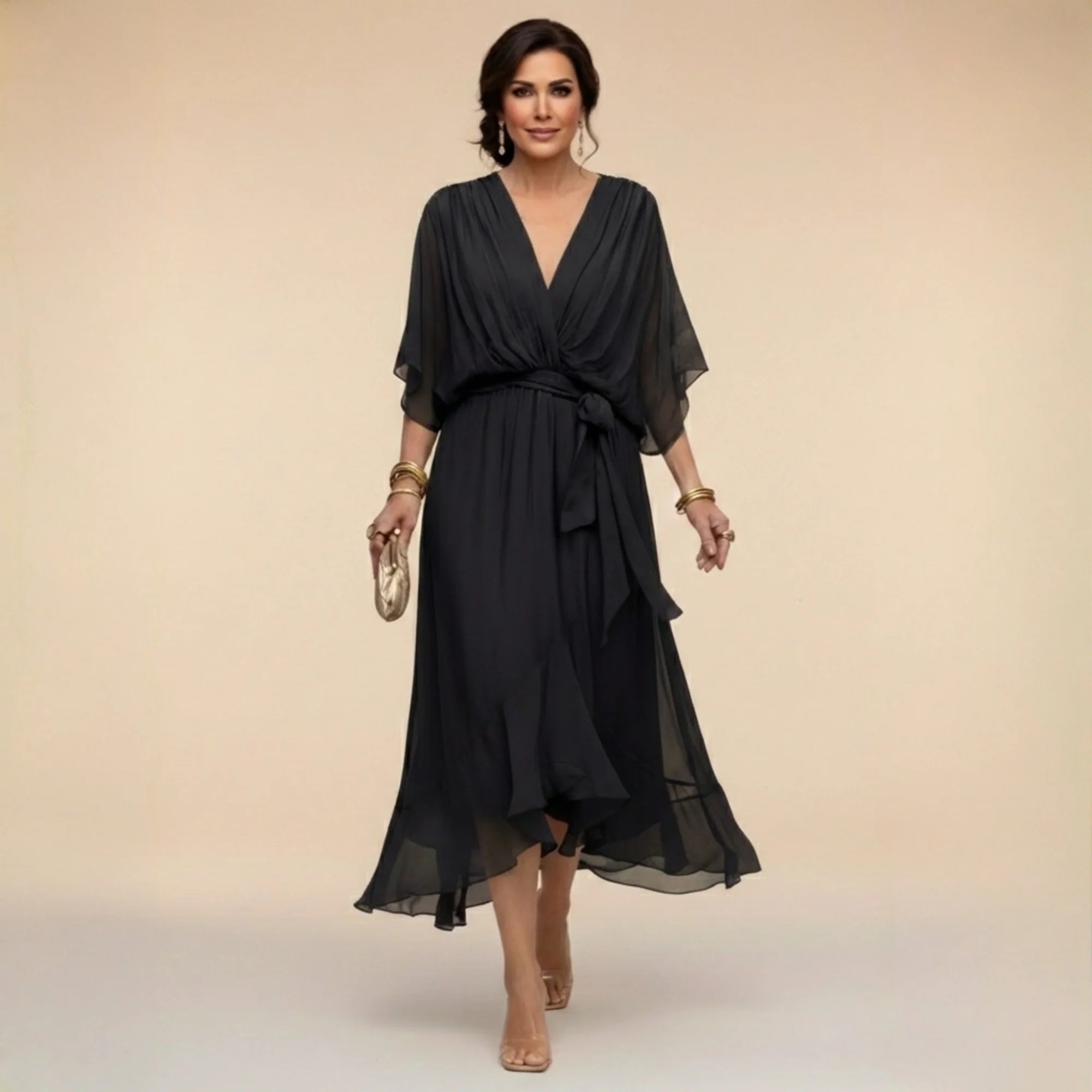 Fabienne - Vestido de Noche Fluido Ajustado de Chifón