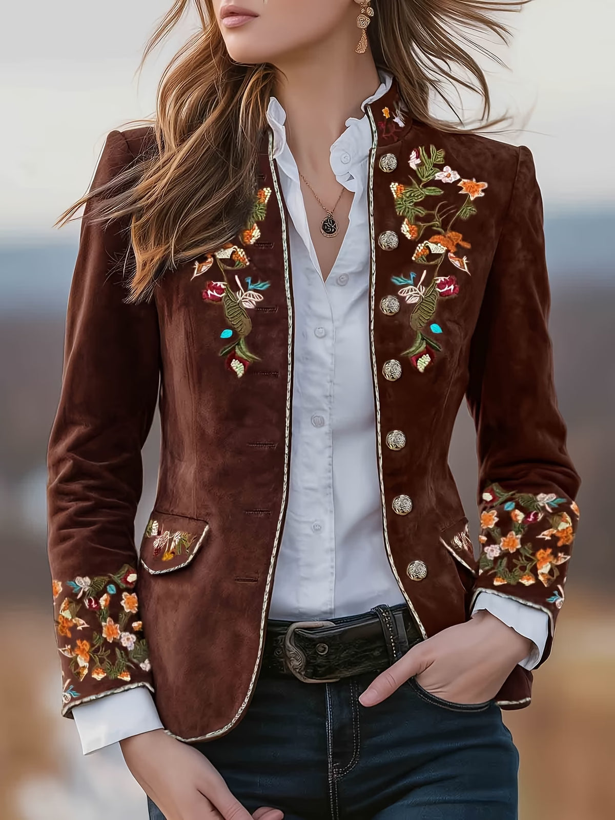 Mahault - Chaqueta de Ante Bordada Retro Chic con Cuello Alto