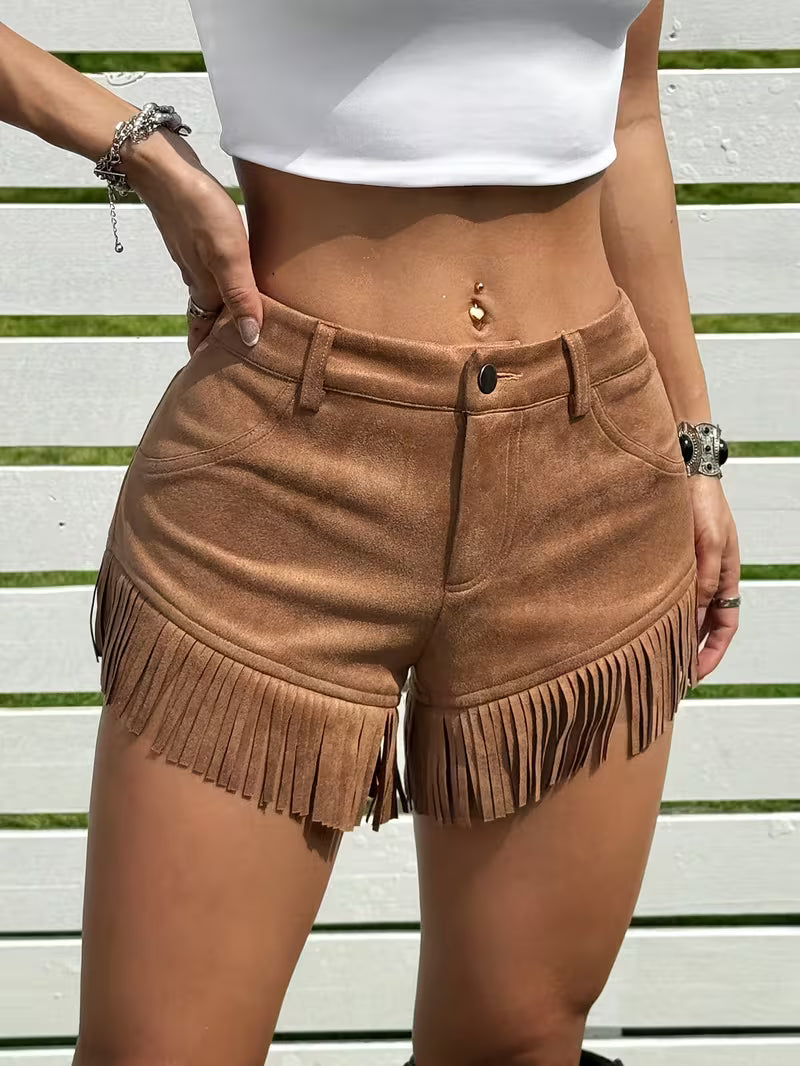 Wandy - Shorts Vintage Efecto Ante con Flecos