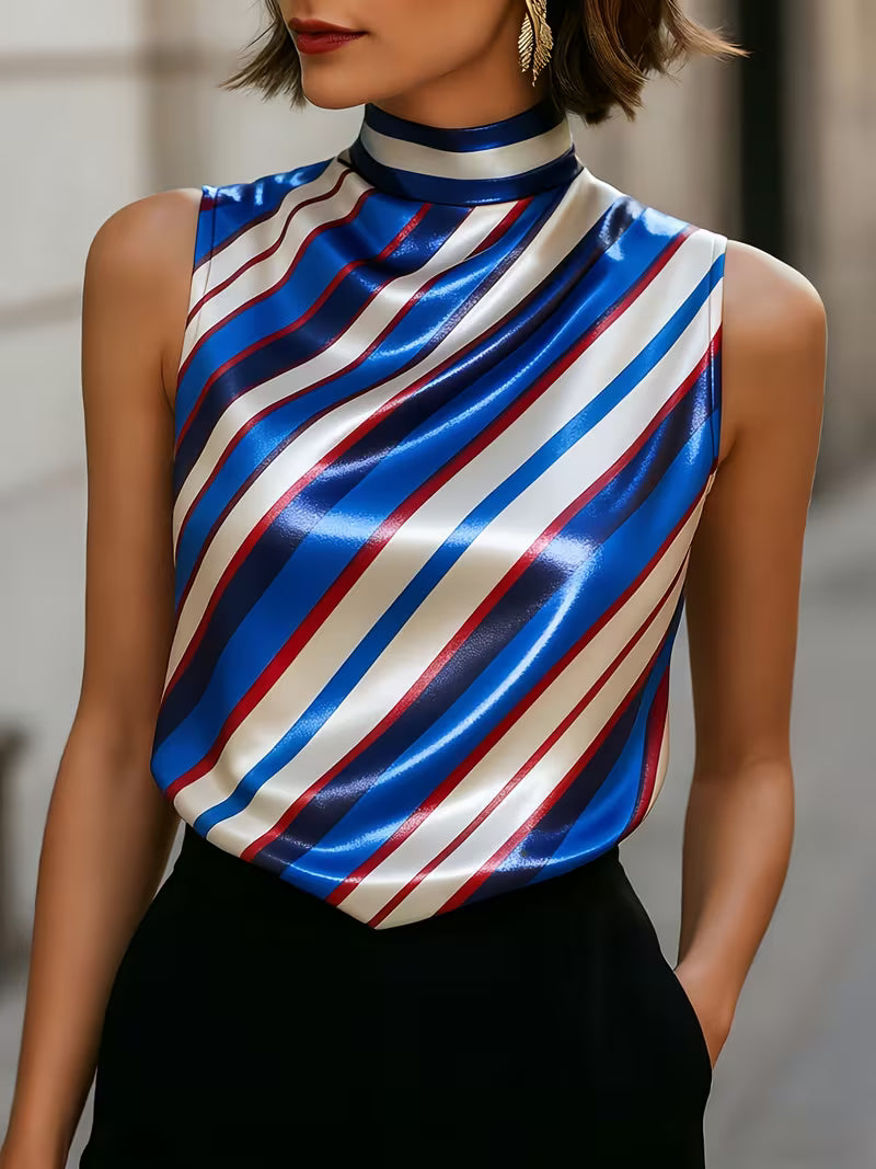 Asya - Blusa Chic de Satén a Rayas con Cuello Alto