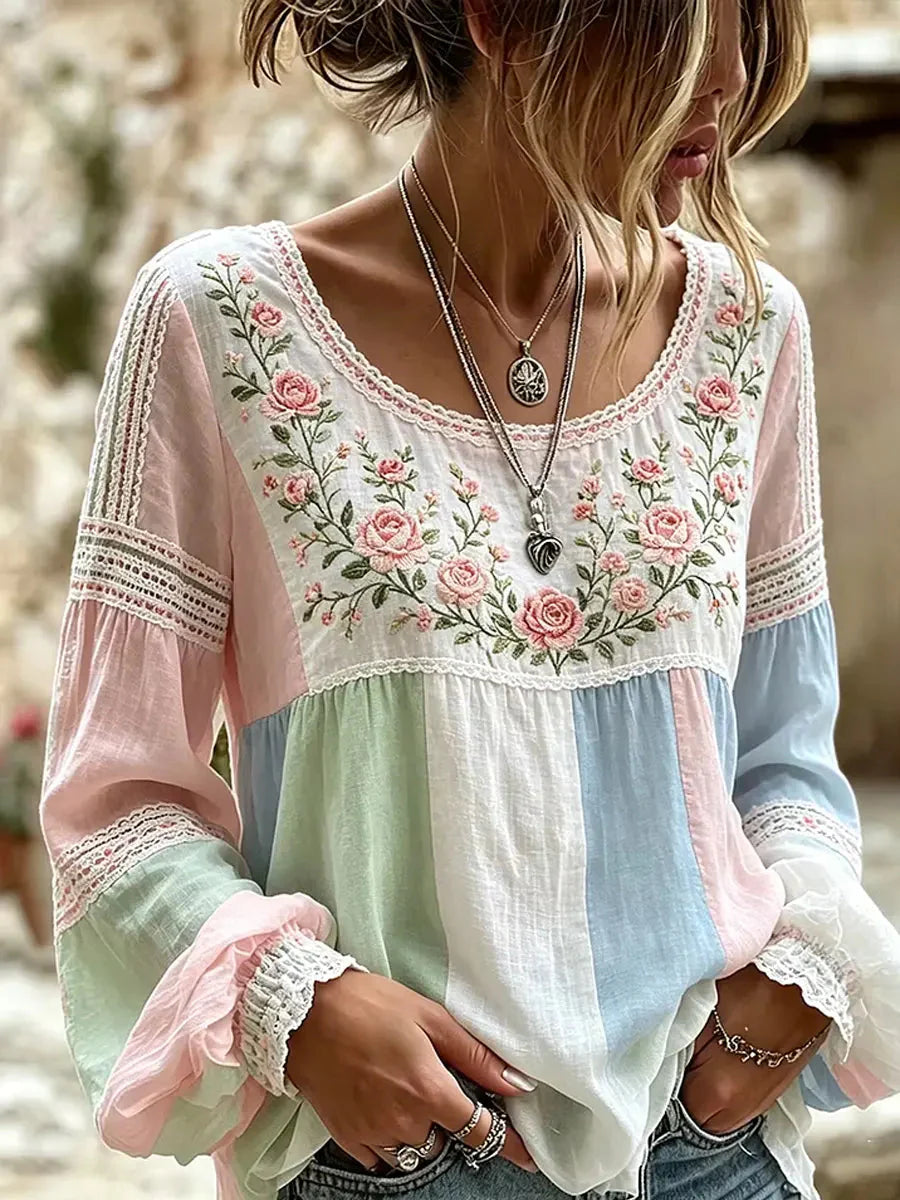 Isra - Blusa De Lino Estilo Bohemio Bordada Con Flores