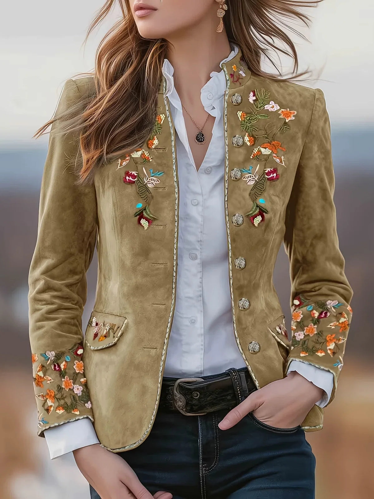 Mahault - Chaqueta de Ante Bordada Retro Chic con Cuello Alto