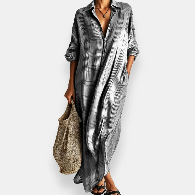 Naima - Vestido Maxi Camisero Oversize de Cuadros