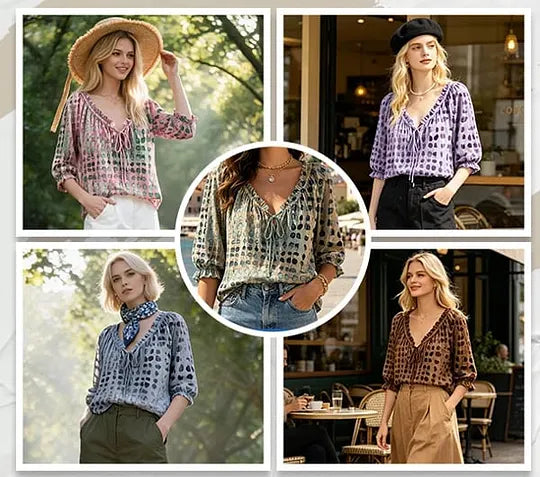 Olaya - Blusa de Lunares Irregulares con Cuello de Lazo
