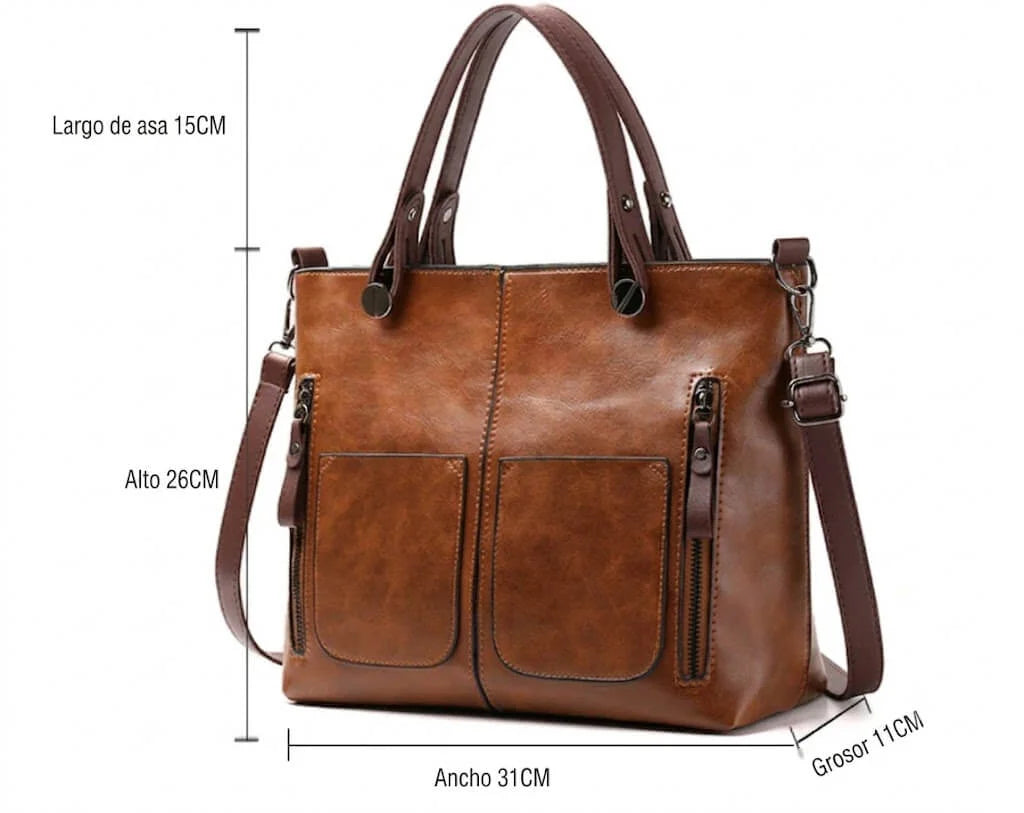 Fanie - Tote de Cuero Vintage con Bolsillos Laterales