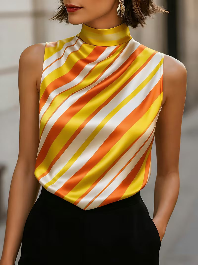 Asya - Blusa Chic de Satén a Rayas con Cuello Alto
