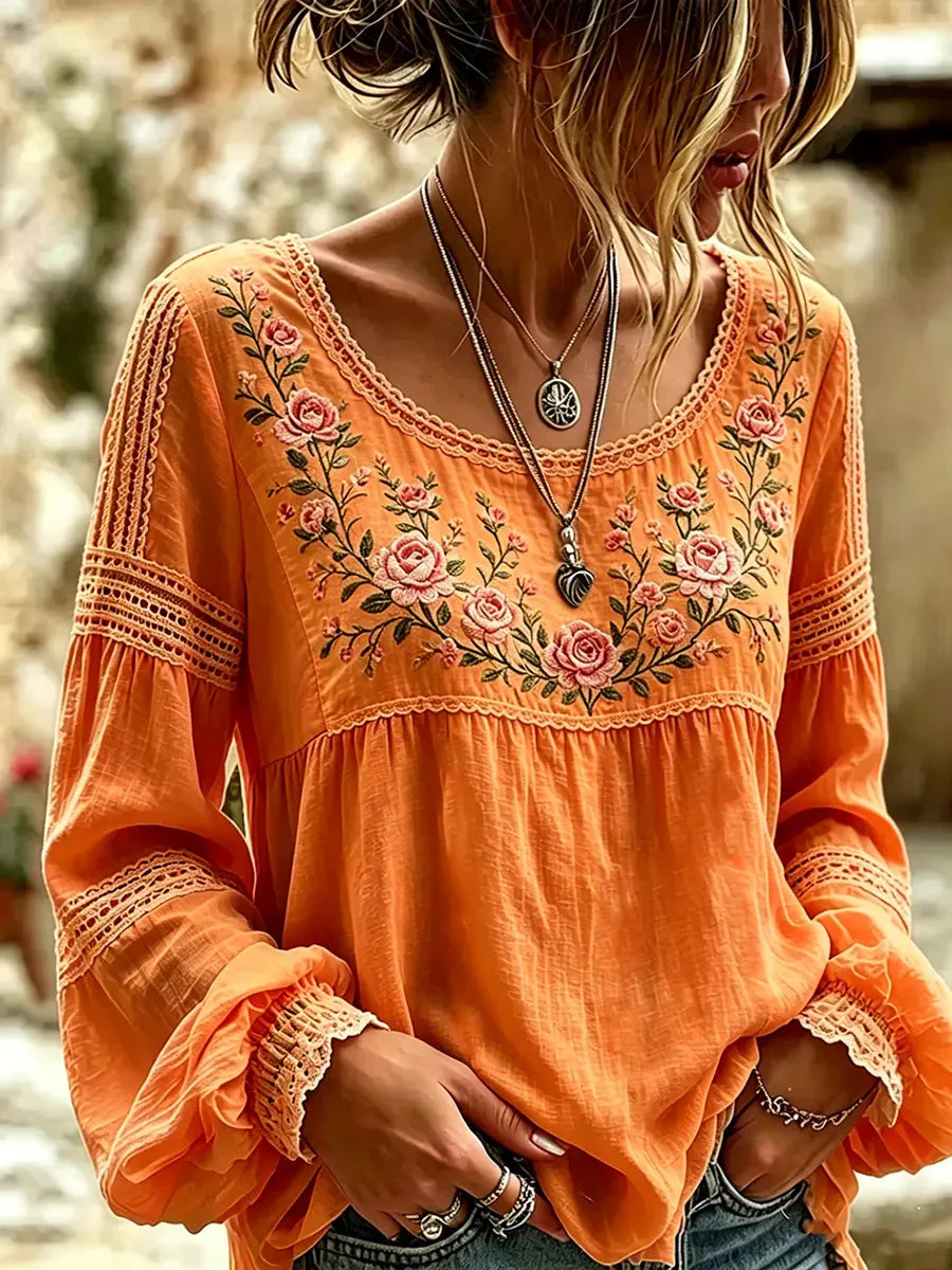 Isra - Blusa De Lino Estilo Bohemio Bordada Con Flores