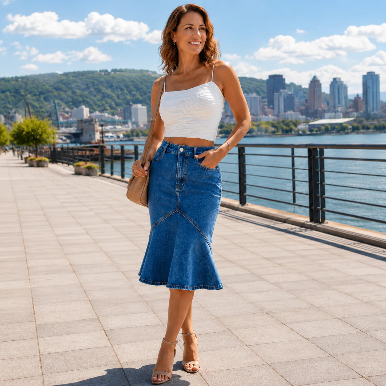 Luscinda - Falda de Denim Midi de Cintura Alta Efecto Silueta Favorecedora