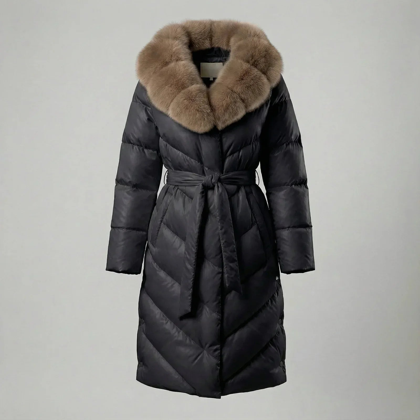 Khrystina - Long Manteau Chic Matelassé Col en Fourrure