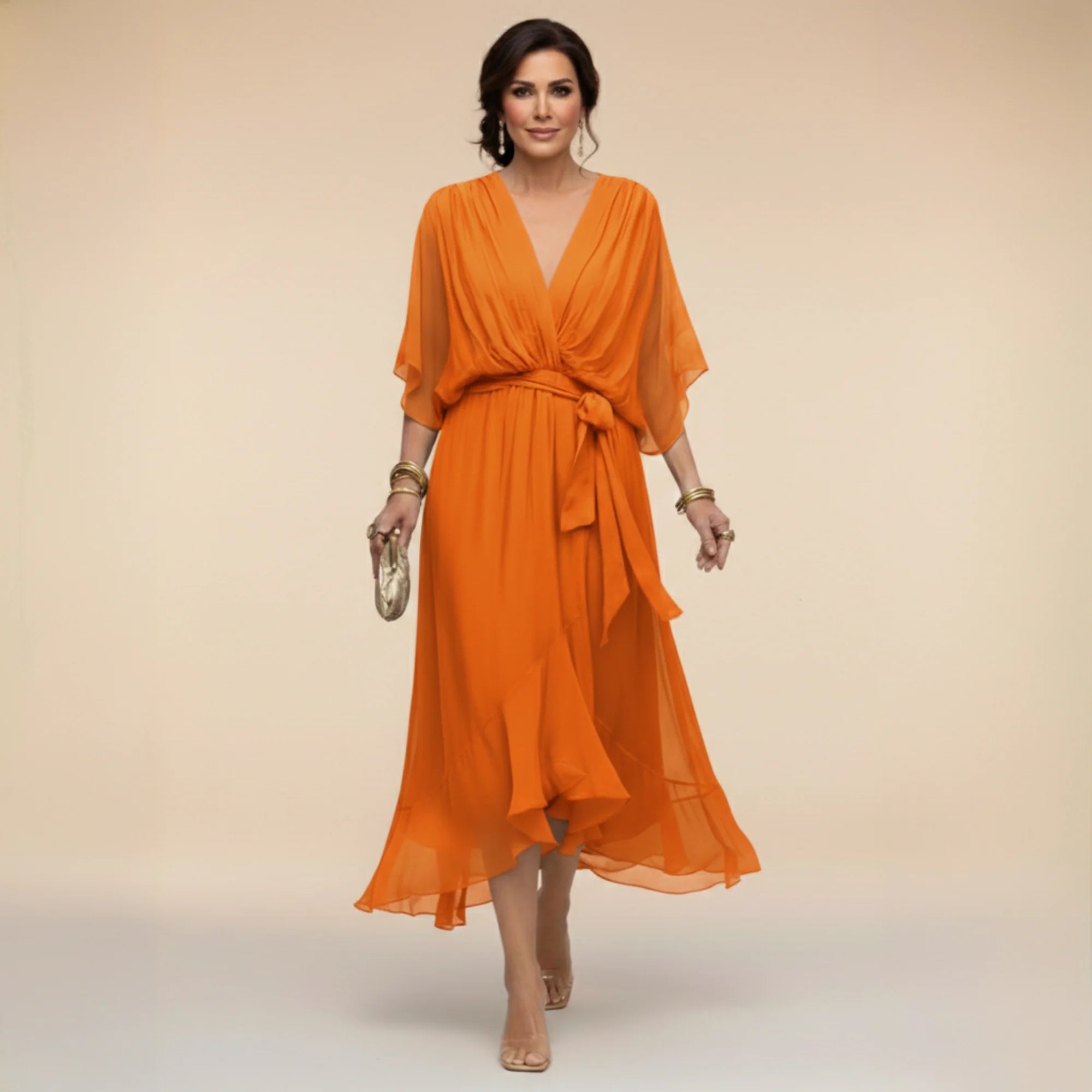 Fabienne - Vestido de Noche Fluido Ajustado de Chifón