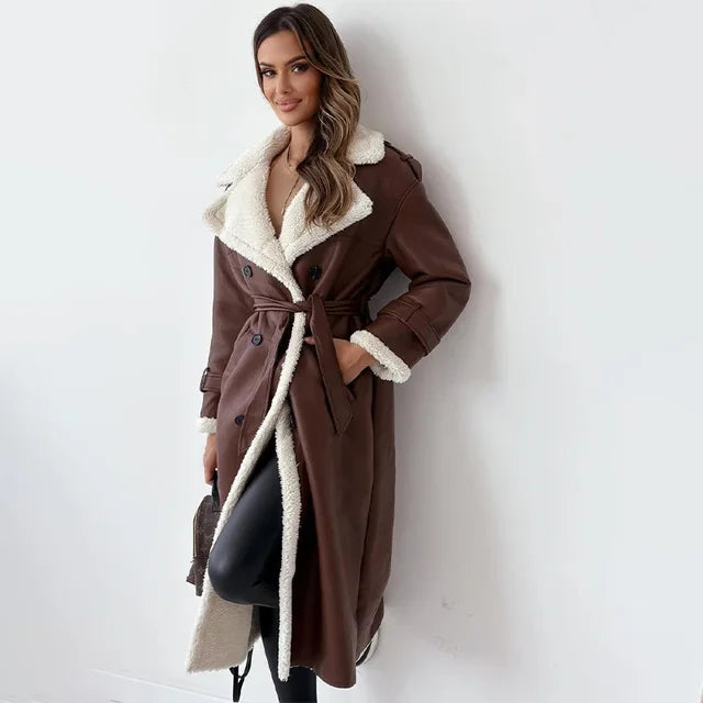 Karyne - Elegantní Dlouhý Kabát Z Obrácené Ovčí Kůže