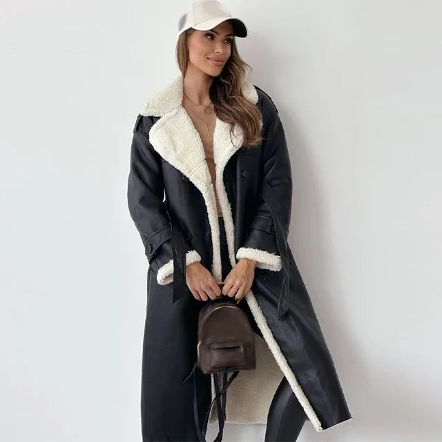 Karyne - Elegantní Dlouhý Kabát Z Obrácené Ovčí Kůže